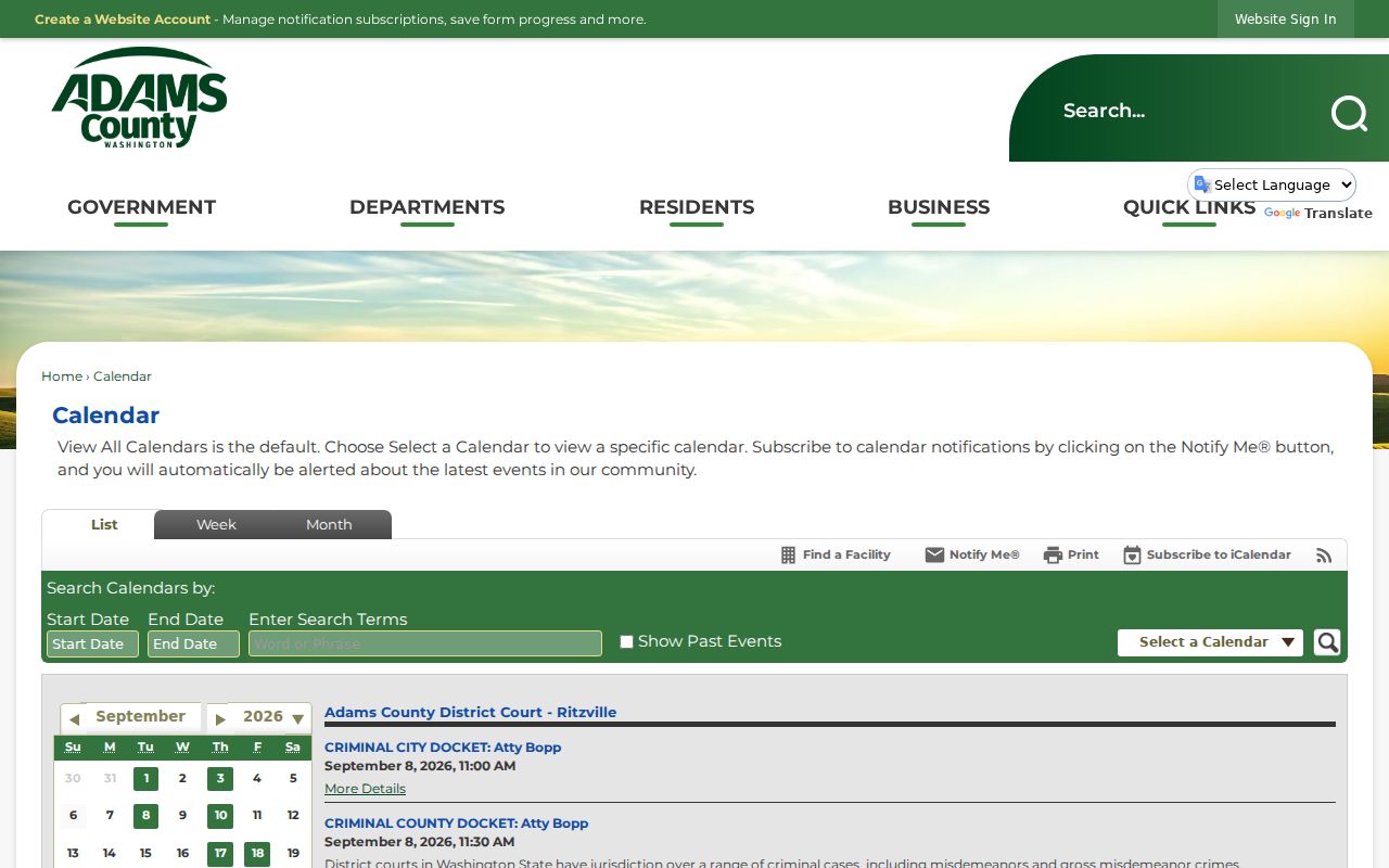 Adams County court schedule calendar search controls
