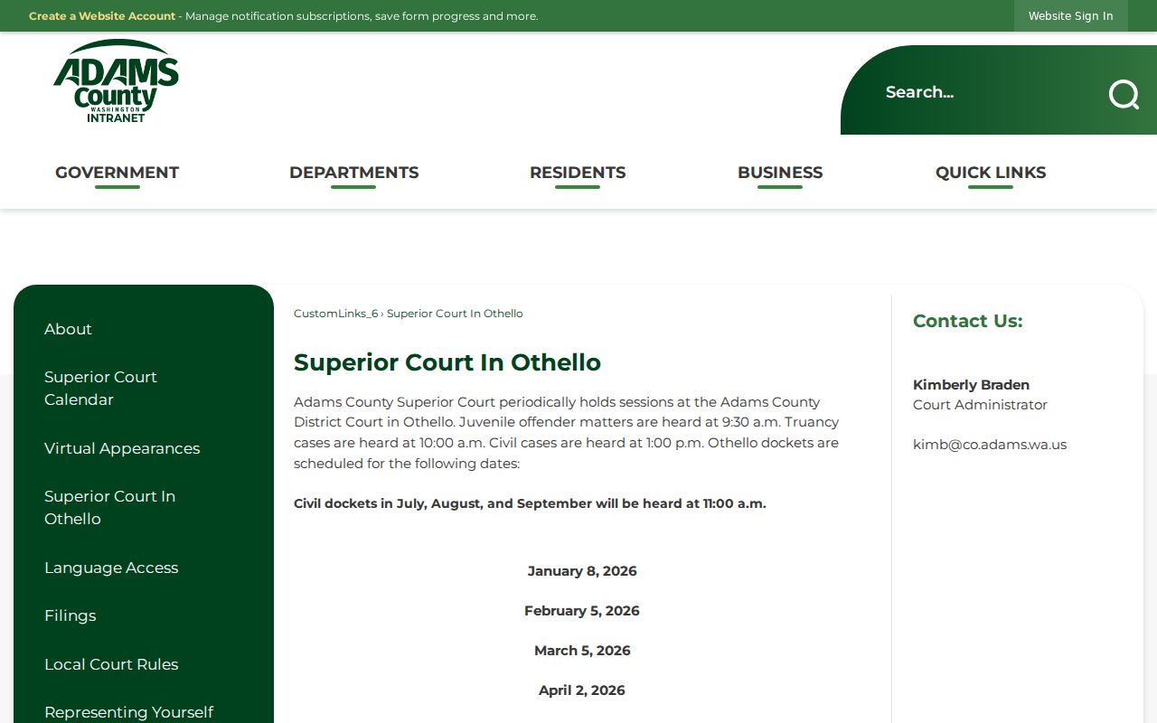 Adams County court schedule for Superior sessions in Othello
