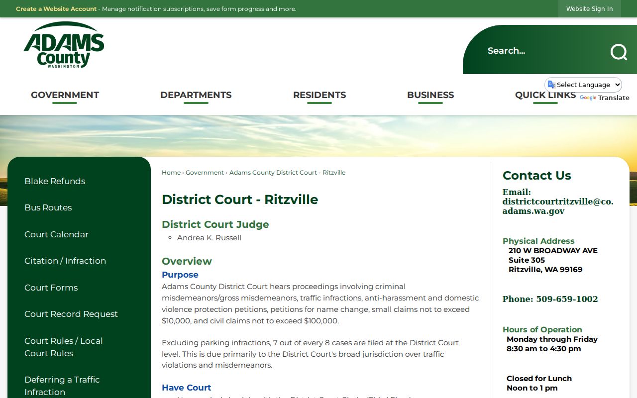 Adams County District Court Ritzville criminal docket jurisdiction page