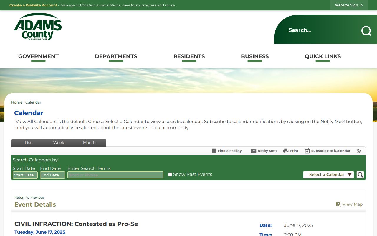 Adams County court schedule contested pro se infraction event