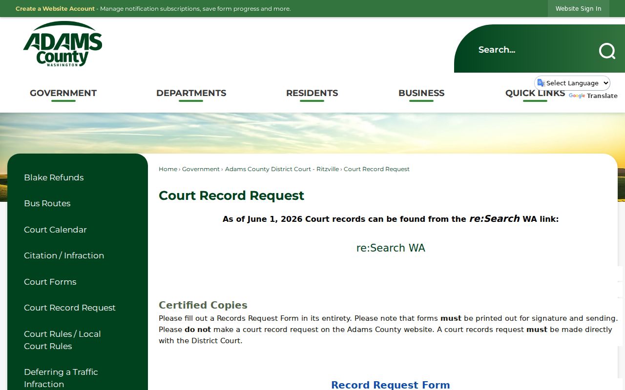 Adams County court records current request route and copy fees