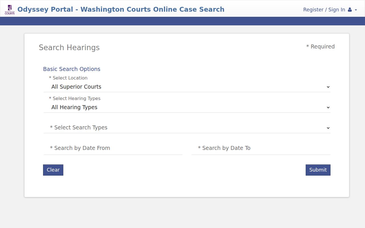 Adams County court schedule Odyssey hearing search fields